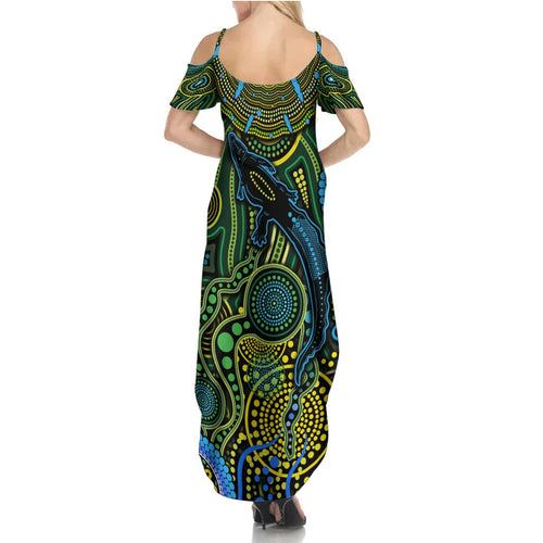 Aboriginal Green - Crocodine Abstract Art Pattern Family Matching Summer Maxi Dress and Hawaiian Shirt