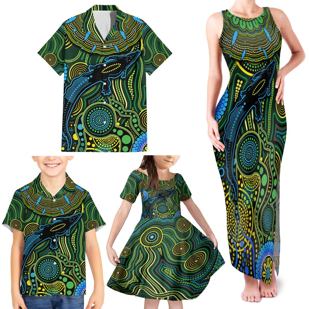 Aboriginal Green - Crocodine Abstract Art Pattern Family Matching Tank Maxi Dress and Hawaiian Shirt