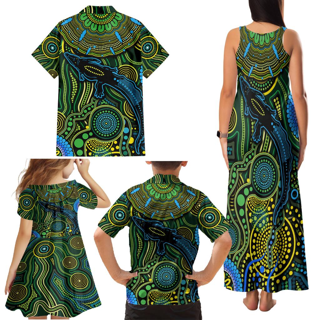 Aboriginal Green - Crocodine Abstract Art Pattern Family Matching Tank Maxi Dress and Hawaiian Shirt