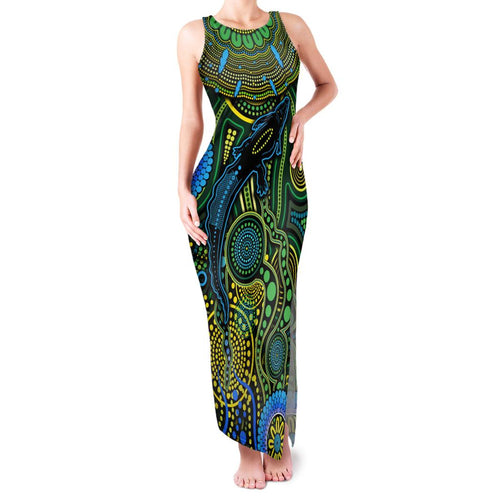 Aboriginal Green - Crocodine Abstract Art Pattern Family Matching Tank Maxi Dress and Hawaiian Shirt