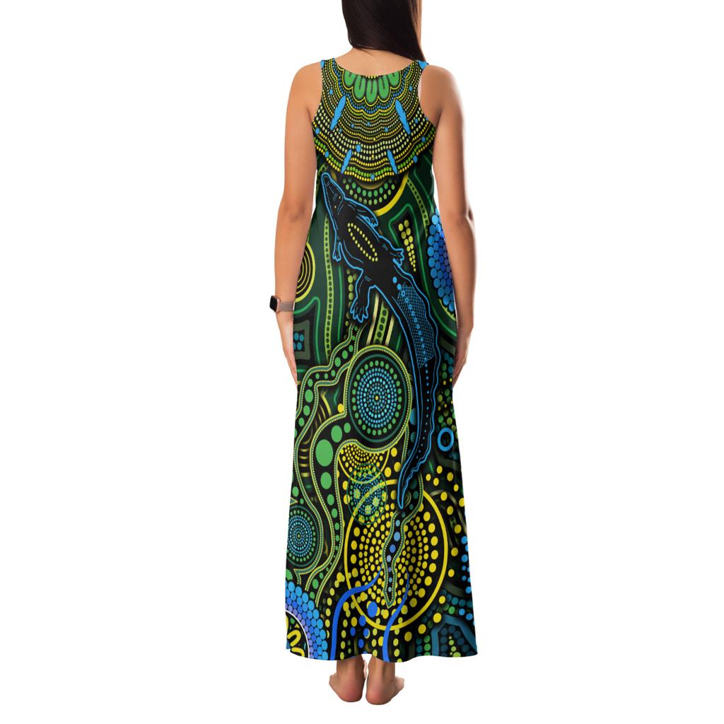 Aboriginal Green - Crocodine Abstract Art Pattern Family Matching Tank Maxi Dress and Hawaiian Shirt