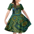 Aboriginal Green - Crocodine Abstract Art Pattern Kid Short Sleeve Dress