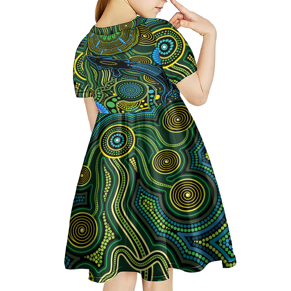 Aboriginal Green - Crocodine Abstract Art Pattern Kid Short Sleeve Dress