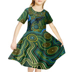 Aboriginal Green - Crocodine Abstract Art Pattern Kid Short Sleeve Dress
