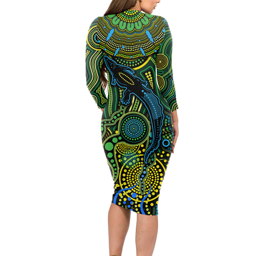 Aboriginal Green - Crocodine Abstract Art Pattern Long Sleeve Bodycon Dress
