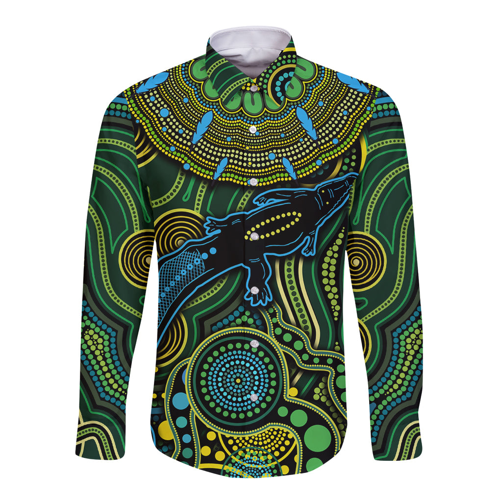 Aboriginal Green - Crocodine Abstract Art Pattern Long Sleeve Button Shirt