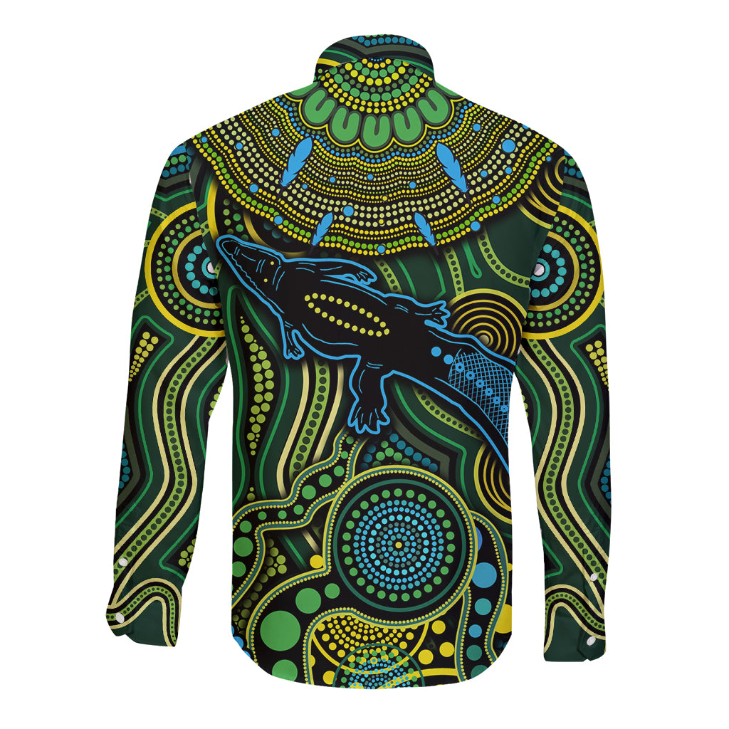 Aboriginal Green - Crocodine Abstract Art Pattern Long Sleeve Button Shirt