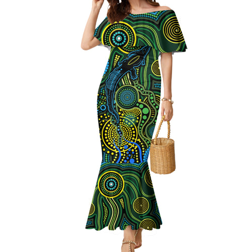 Aboriginal Green - Crocodine Abstract Art Pattern Mermaid Dress