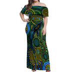 Aboriginal Green - Crocodine Abstract Art Pattern Off Shoulder Maxi Dress