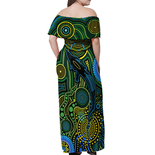 Aboriginal Green - Crocodine Abstract Art Pattern Off Shoulder Maxi Dress