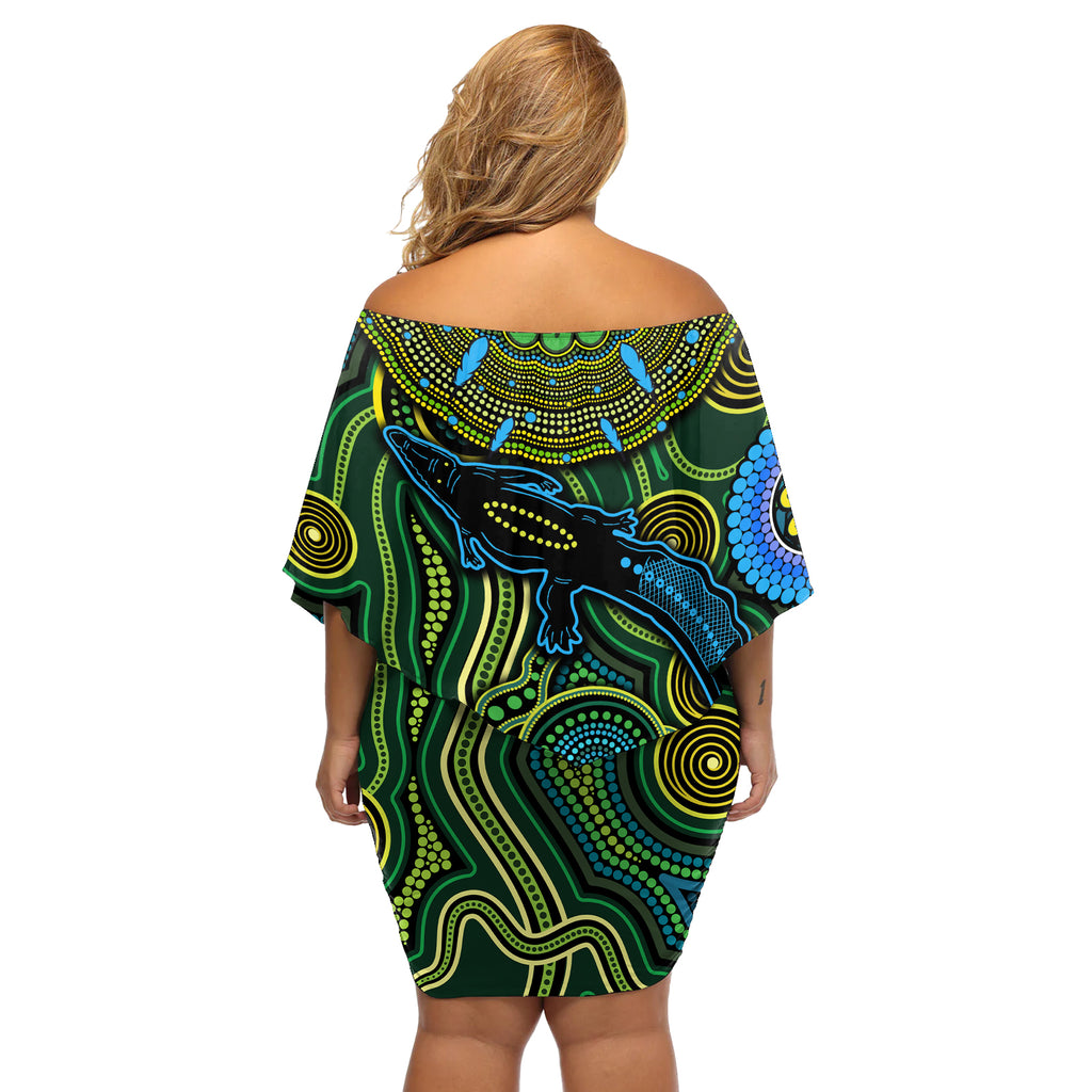 Aboriginal Green - Crocodine Abstract Art Pattern Off Shoulder Short Dress