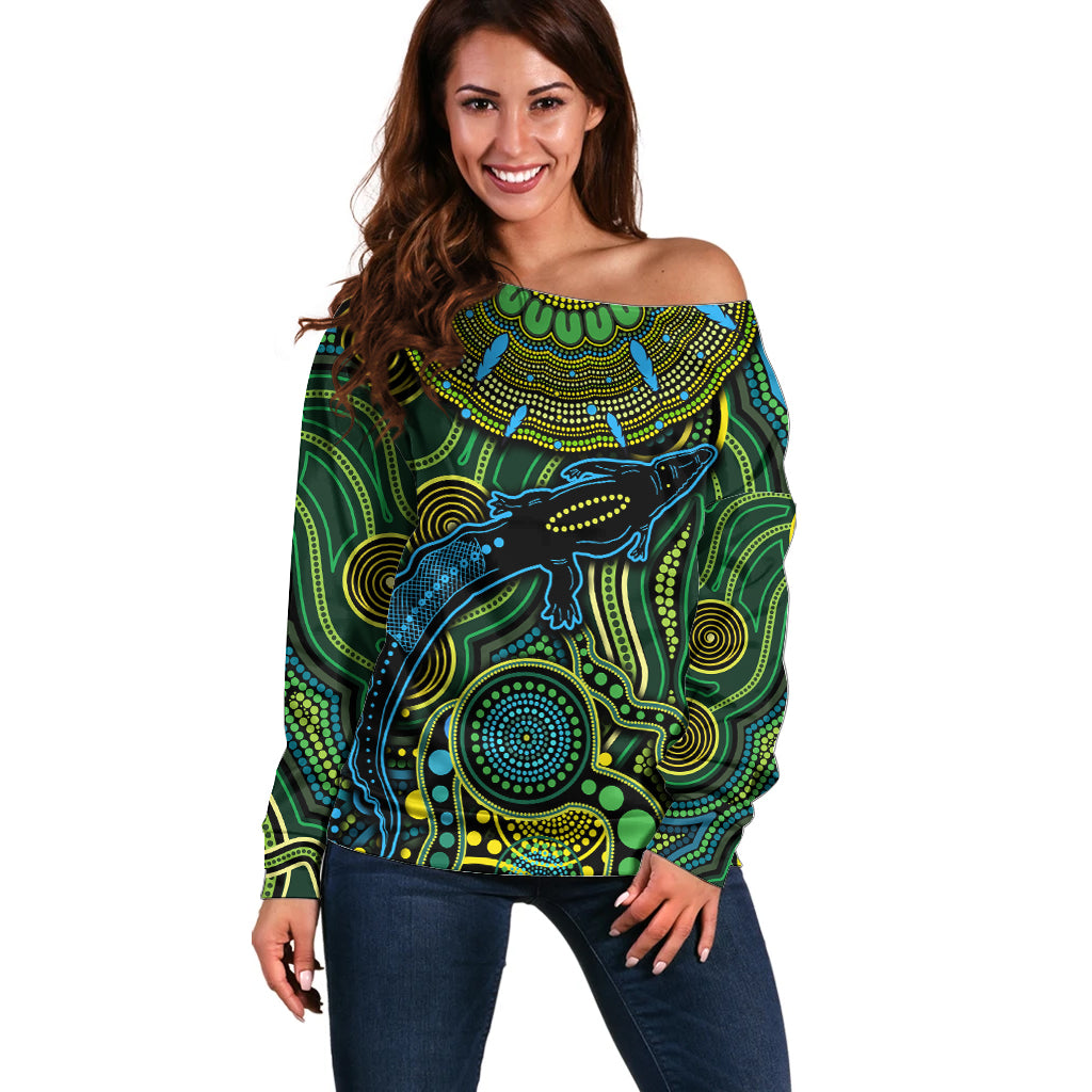 Aboriginal Green - Crocodine Abstract Art Pattern Off Shoulder Sweater