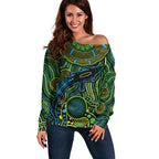 Aboriginal Green - Crocodine Abstract Art Pattern Off Shoulder Sweater