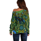 Aboriginal Green - Crocodine Abstract Art Pattern Off Shoulder Sweater