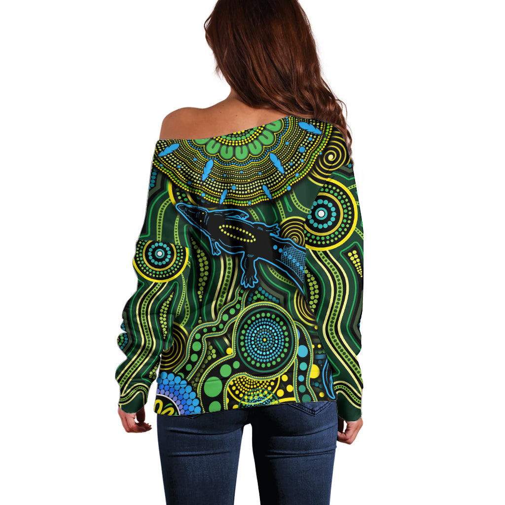 Aboriginal Green - Crocodine Abstract Art Pattern Off Shoulder Sweater