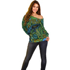 Aboriginal Green - Crocodine Abstract Art Pattern Off Shoulder Sweater