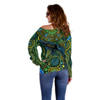 Aboriginal Green - Crocodine Abstract Art Pattern Off Shoulder Sweater