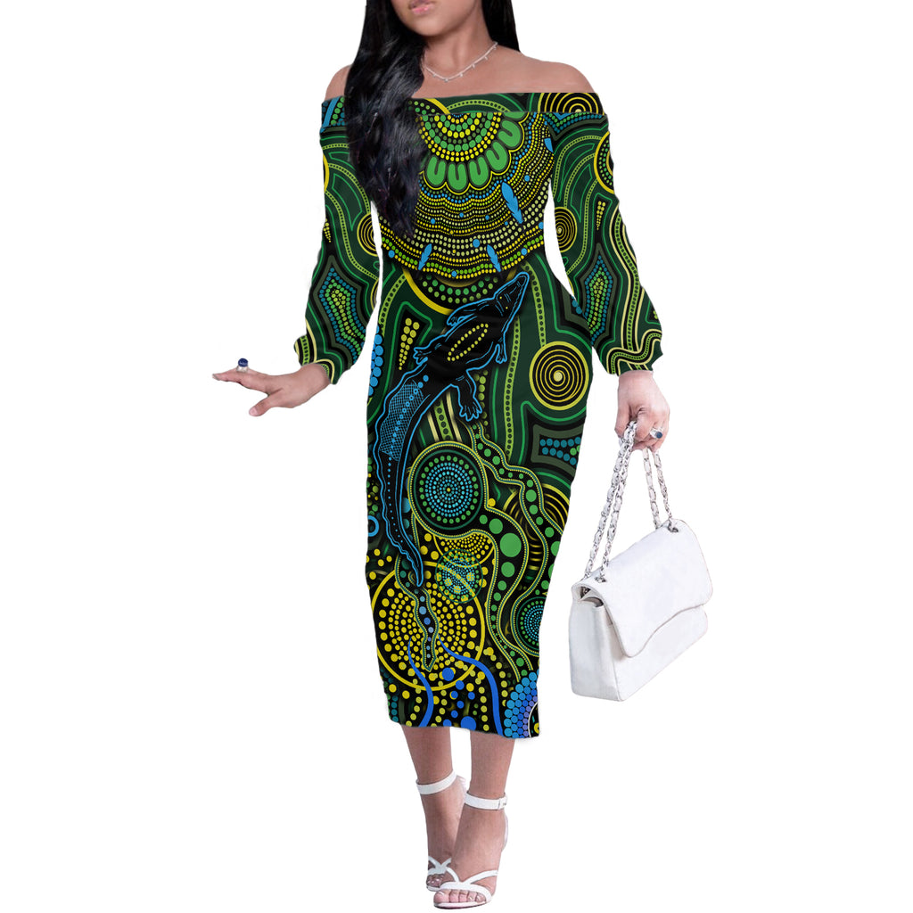 Aboriginal Green - Crocodine Abstract Art Pattern Off The Shoulder Long Sleeve Dress