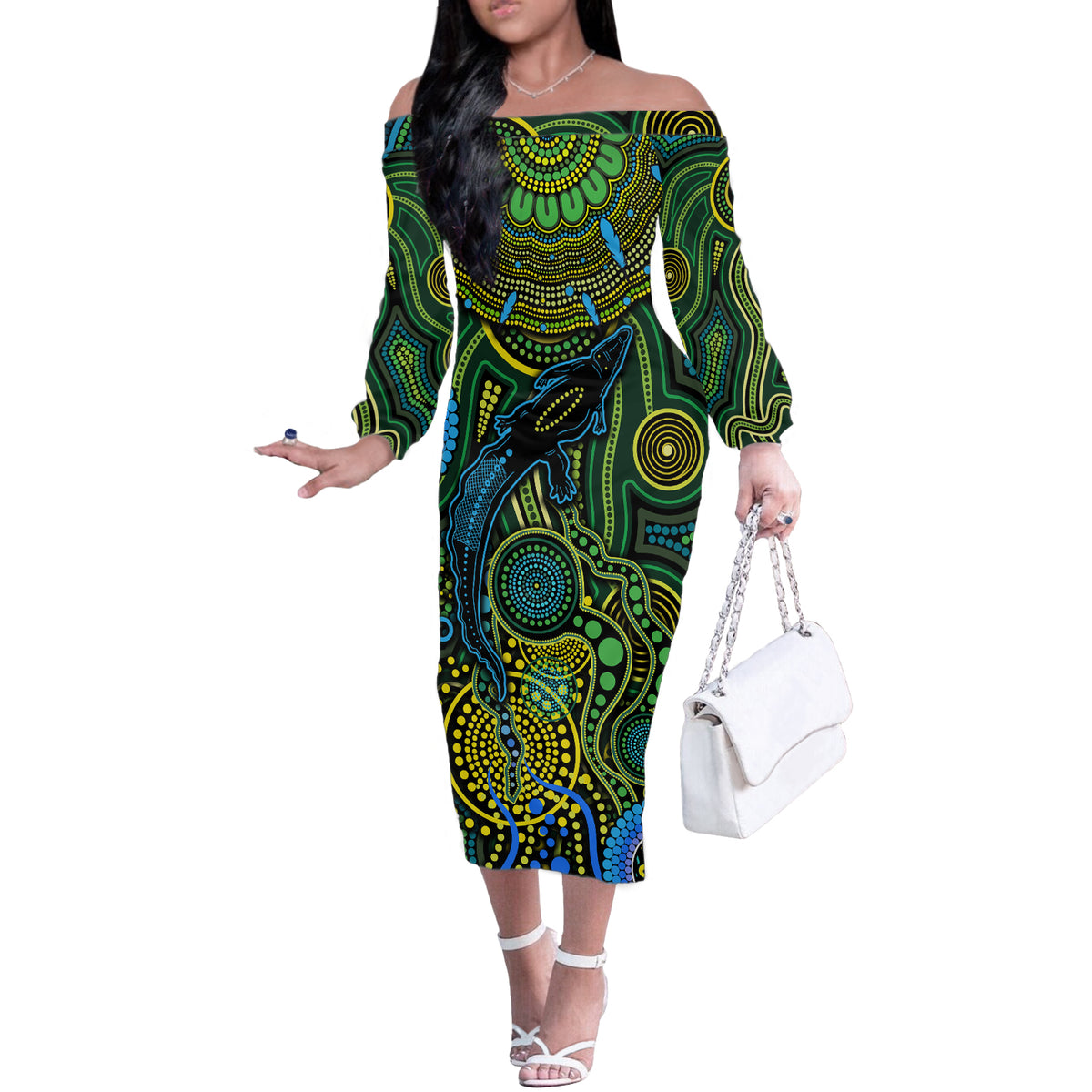 Aboriginal Green - Crocodine Abstract Art Pattern Off The Shoulder Long Sleeve Dress