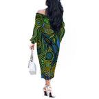 Aboriginal Green - Crocodine Abstract Art Pattern Off The Shoulder Long Sleeve Dress