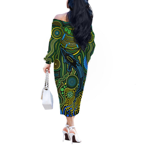 Aboriginal Green - Crocodine Abstract Art Pattern Off The Shoulder Long Sleeve Dress