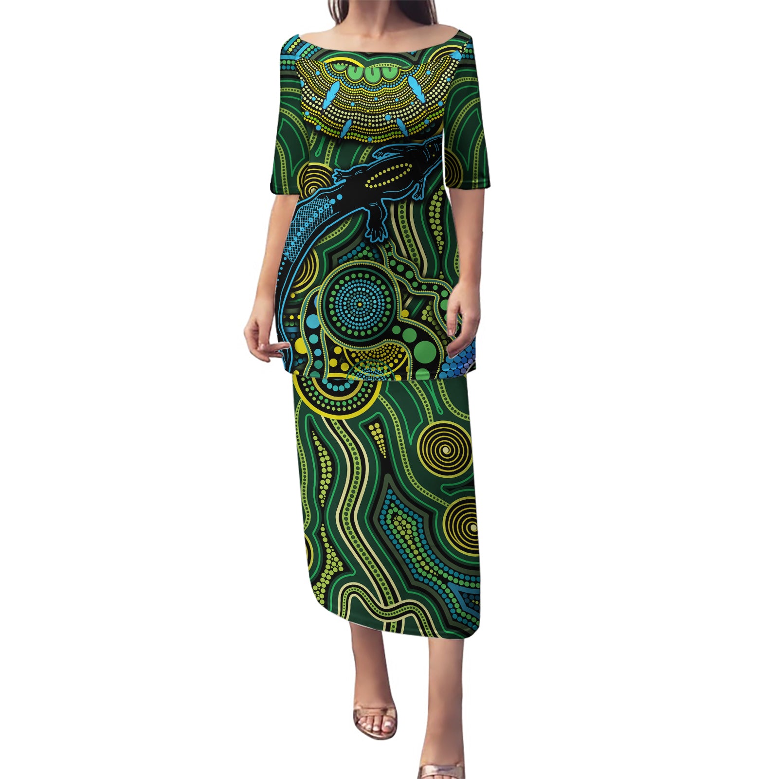 Aboriginal Green - Crocodine Abstract Art Pattern Puletasi