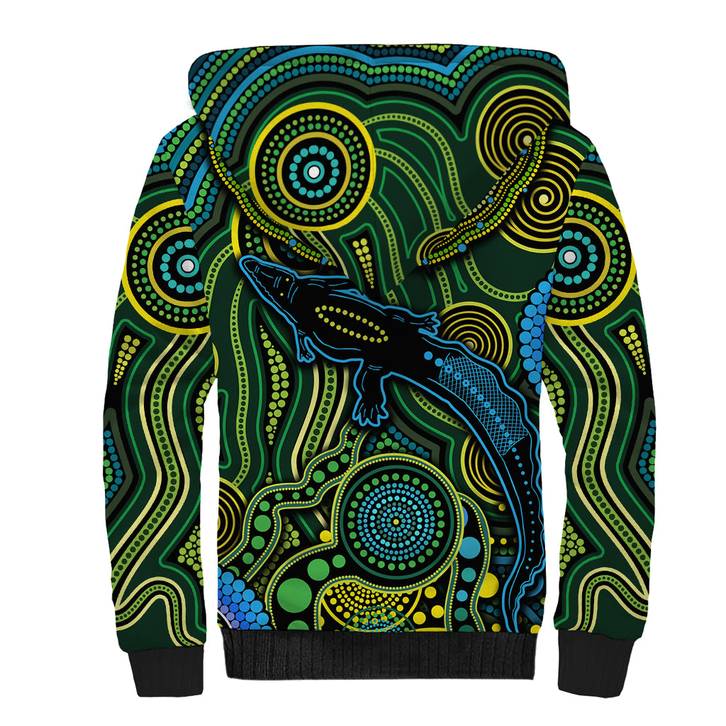Aboriginal Green - Crocodine Abstract Art Pattern Sherpa Hoodie