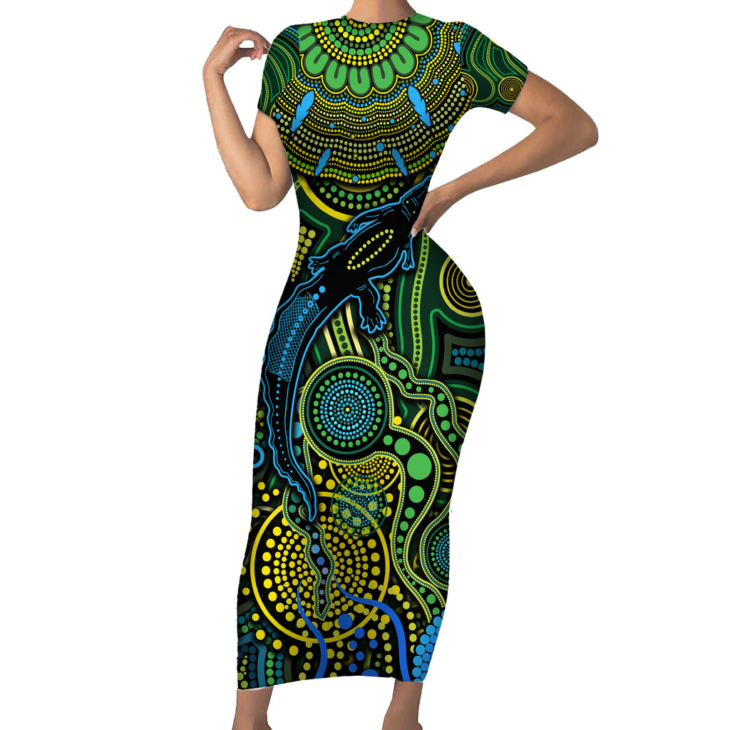 Aboriginal Green - Crocodine Abstract Art Pattern Short Sleeve Bodycon Dress