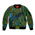 Aboriginal Green - Crocodine Abstract Art Pattern Sleeve Zip Bomber Jacket