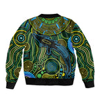 Aboriginal Green - Crocodine Abstract Art Pattern Sleeve Zip Bomber Jacket