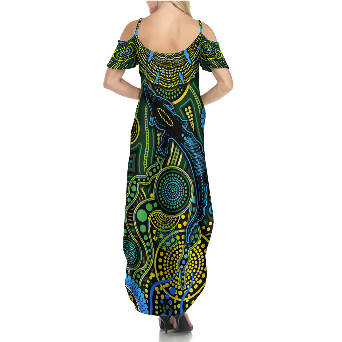 Aboriginal Green - Crocodine Abstract Art Pattern Summer Maxi Dress