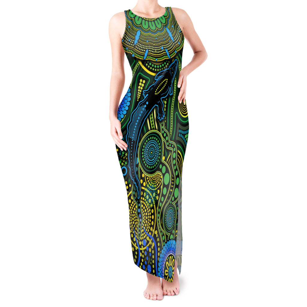 Aboriginal Green - Crocodine Abstract Art Pattern Tank Maxi Dress