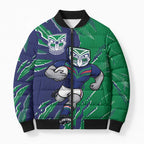 Personalized New Zealand Warriors Bomber Puffer Jacket Dynamic Lightning Mascot Rugby Australia