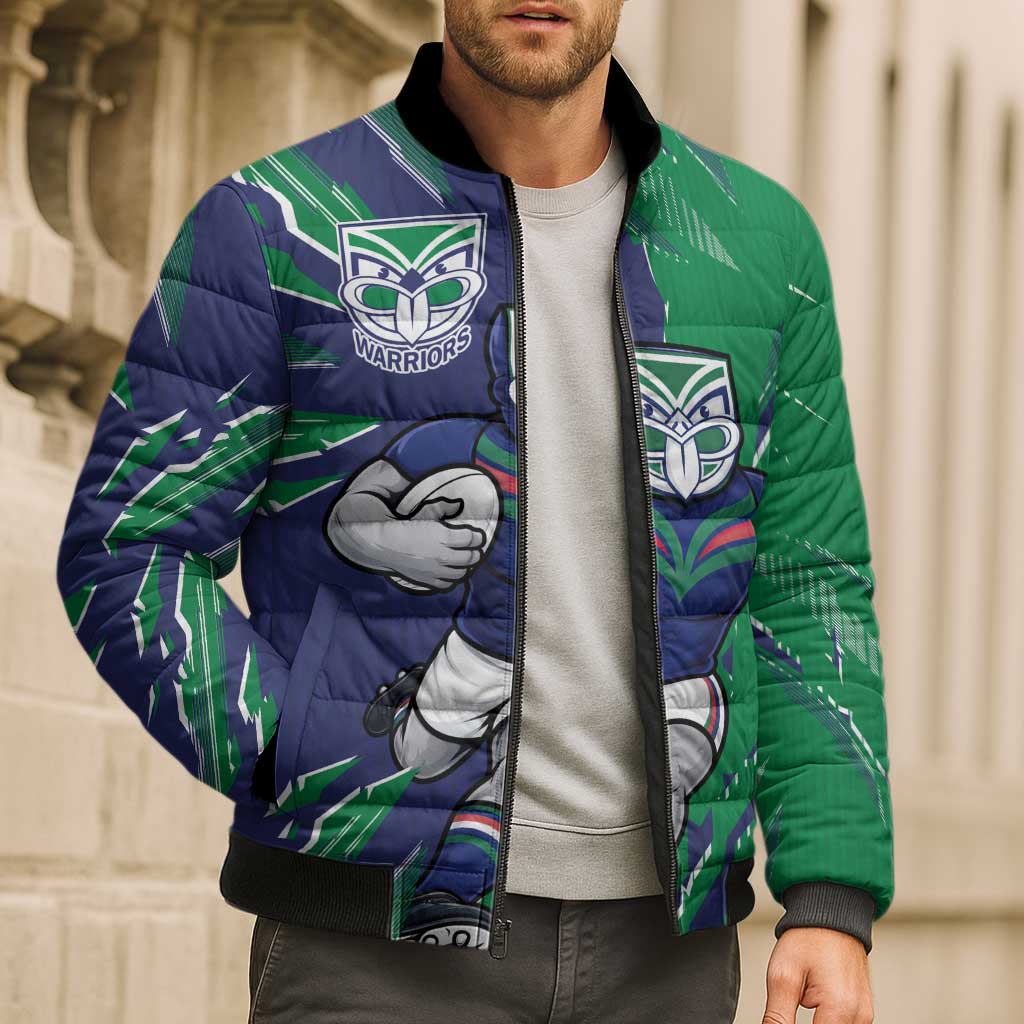 Personalized New Zealand Warriors Bomber Puffer Jacket Dynamic Lightning Mascot Rugby Australia