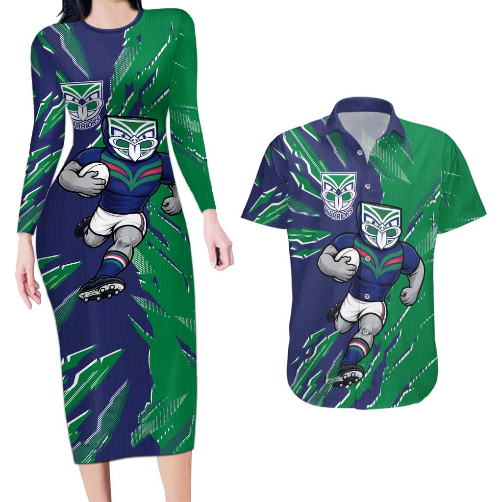 Personalized New Zealand Warriors Couples Matching Long Sleeve Bodycon Dress and Hawaiian Shirt Dynamic Lightning Mascot Rugby Australia