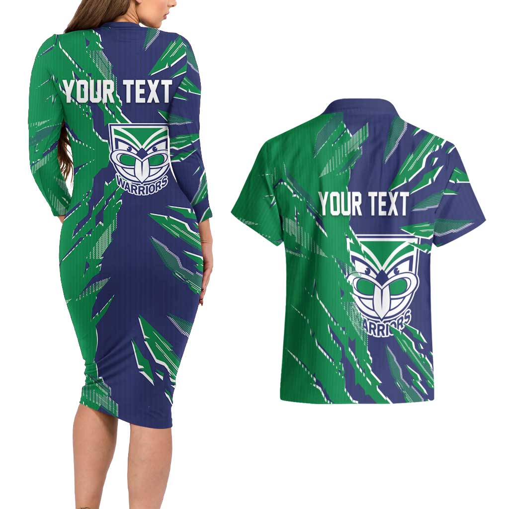 Personalized New Zealand Warriors Couples Matching Long Sleeve Bodycon Dress and Hawaiian Shirt Dynamic Lightning Mascot Rugby Australia
