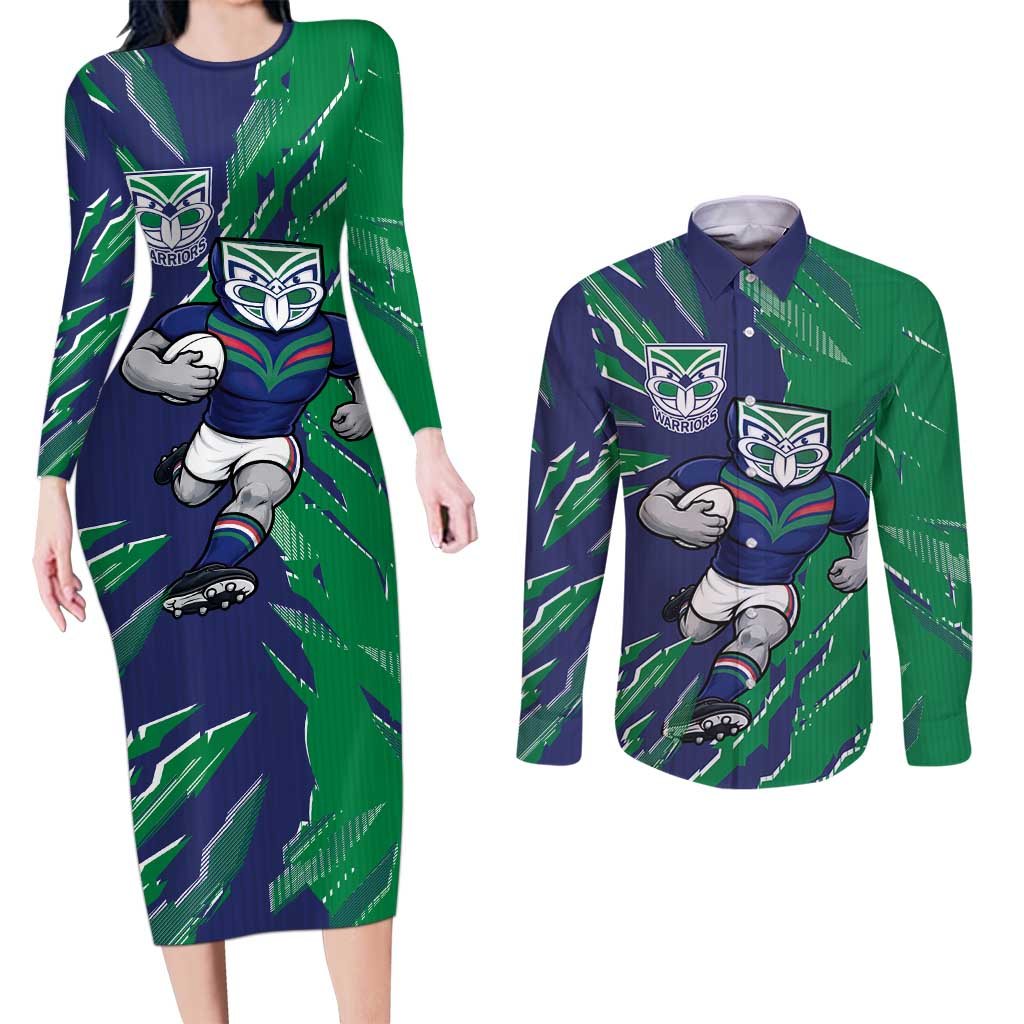 Personalized New Zealand Warriors Couples Matching Long Sleeve Bodycon Dress and Long Sleeve Button Shirt Dynamic Lightning Mascot Rugby Australia