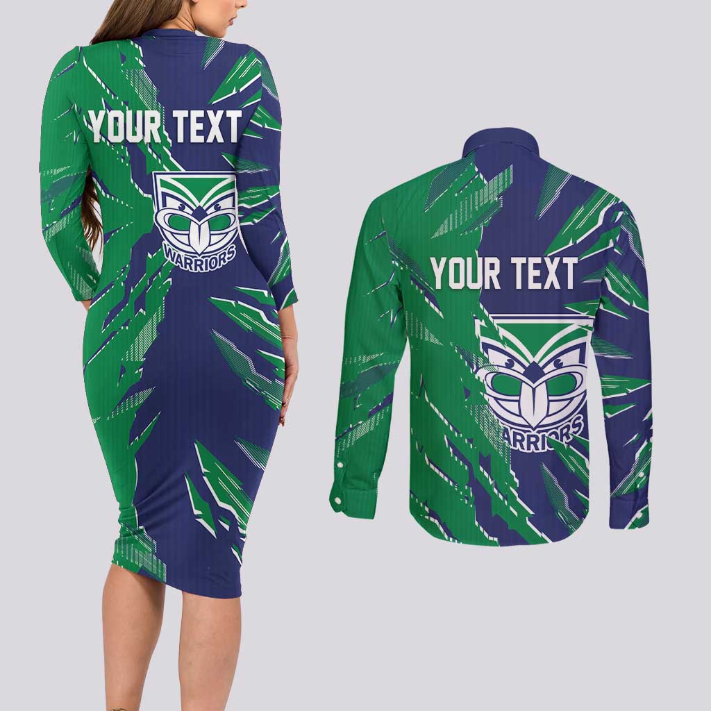 Personalized New Zealand Warriors Couples Matching Long Sleeve Bodycon Dress and Long Sleeve Button Shirt Dynamic Lightning Mascot Rugby Australia