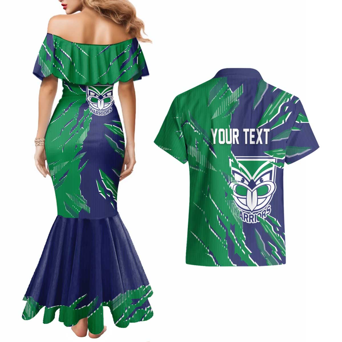 Personalized New Zealand Warriors Couples Matching Mermaid Dress and Hawaiian Shirt Dynamic Lightning Mascot Rugby Australia