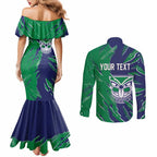 Personalized New Zealand Warriors Couples Matching Mermaid Dress and Long Sleeve Button Shirt Dynamic Lightning Mascot Rugby Australia