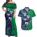 Personalized New Zealand Warriors Couples Matching Off Shoulder Maxi Dress and Hawaiian Shirt Dynamic Lightning Mascot Rugby Australia