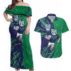 Personalized New Zealand Warriors Couples Matching Off Shoulder Maxi Dress and Hawaiian Shirt Dynamic Lightning Mascot Rugby Australia