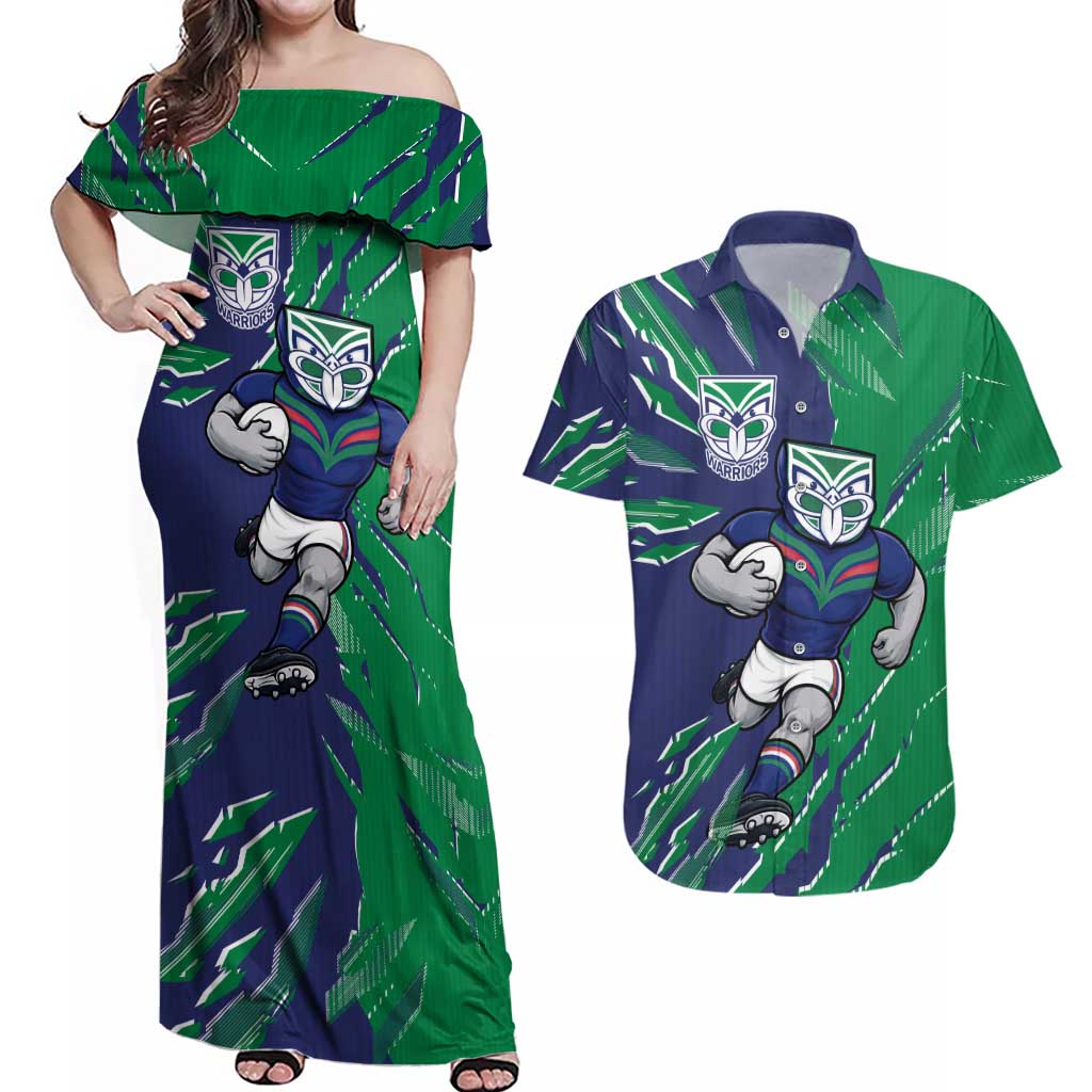 Personalized New Zealand Warriors Couples Matching Off Shoulder Maxi Dress and Hawaiian Shirt Dynamic Lightning Mascot Rugby Australia