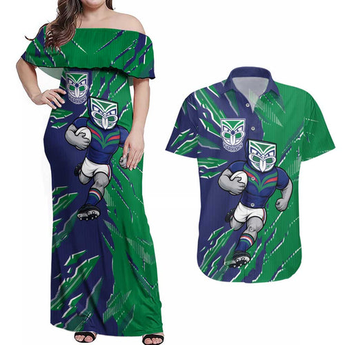 Personalized New Zealand Warriors Couples Matching Off Shoulder Maxi Dress and Hawaiian Shirt Dynamic Lightning Mascot Rugby Australia