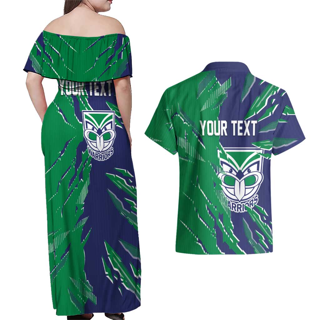 Personalized New Zealand Warriors Couples Matching Off Shoulder Maxi Dress and Hawaiian Shirt Dynamic Lightning Mascot Rugby Australia