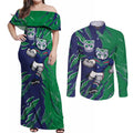 Personalized New Zealand Warriors Couples Matching Off Shoulder Maxi Dress and Long Sleeve Button Shirt Dynamic Lightning Mascot Rugby Australia