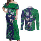 Personalized New Zealand Warriors Couples Matching Off Shoulder Maxi Dress and Long Sleeve Button Shirt Dynamic Lightning Mascot Rugby Australia