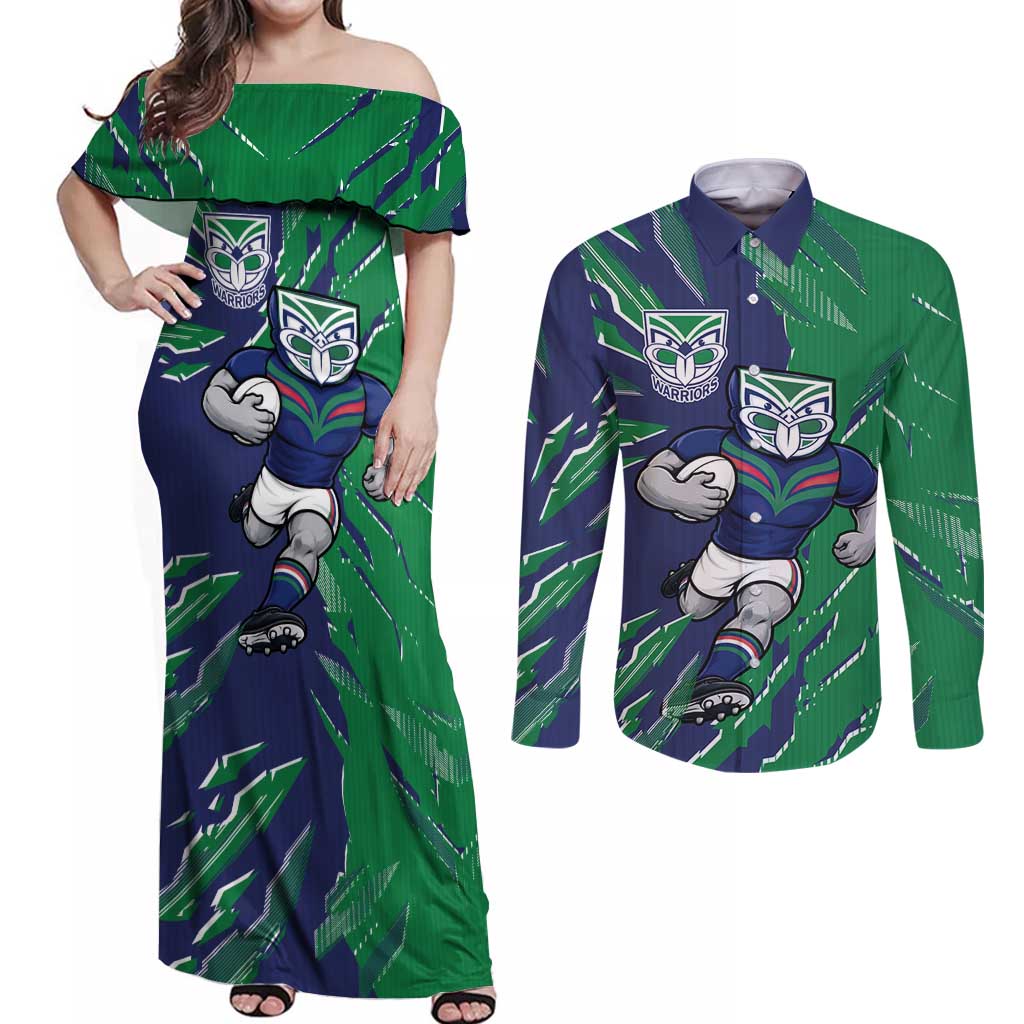 Personalized New Zealand Warriors Couples Matching Off Shoulder Maxi Dress and Long Sleeve Button Shirt Dynamic Lightning Mascot Rugby Australia
