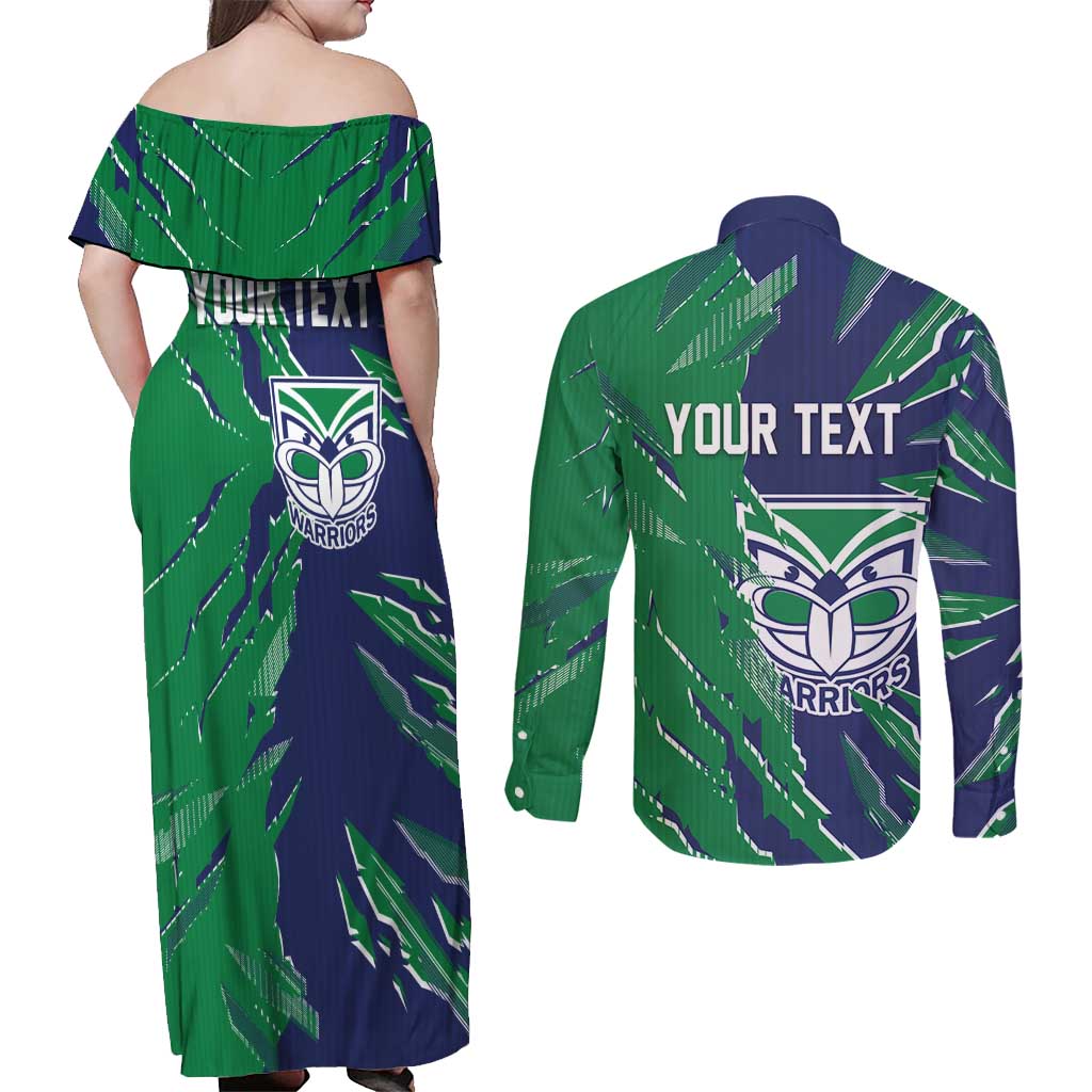 Personalized New Zealand Warriors Couples Matching Off Shoulder Maxi Dress and Long Sleeve Button Shirt Dynamic Lightning Mascot Rugby Australia