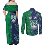 Personalized New Zealand Warriors Couples Matching Off Shoulder Maxi Dress and Long Sleeve Button Shirt Dynamic Lightning Mascot Rugby Australia